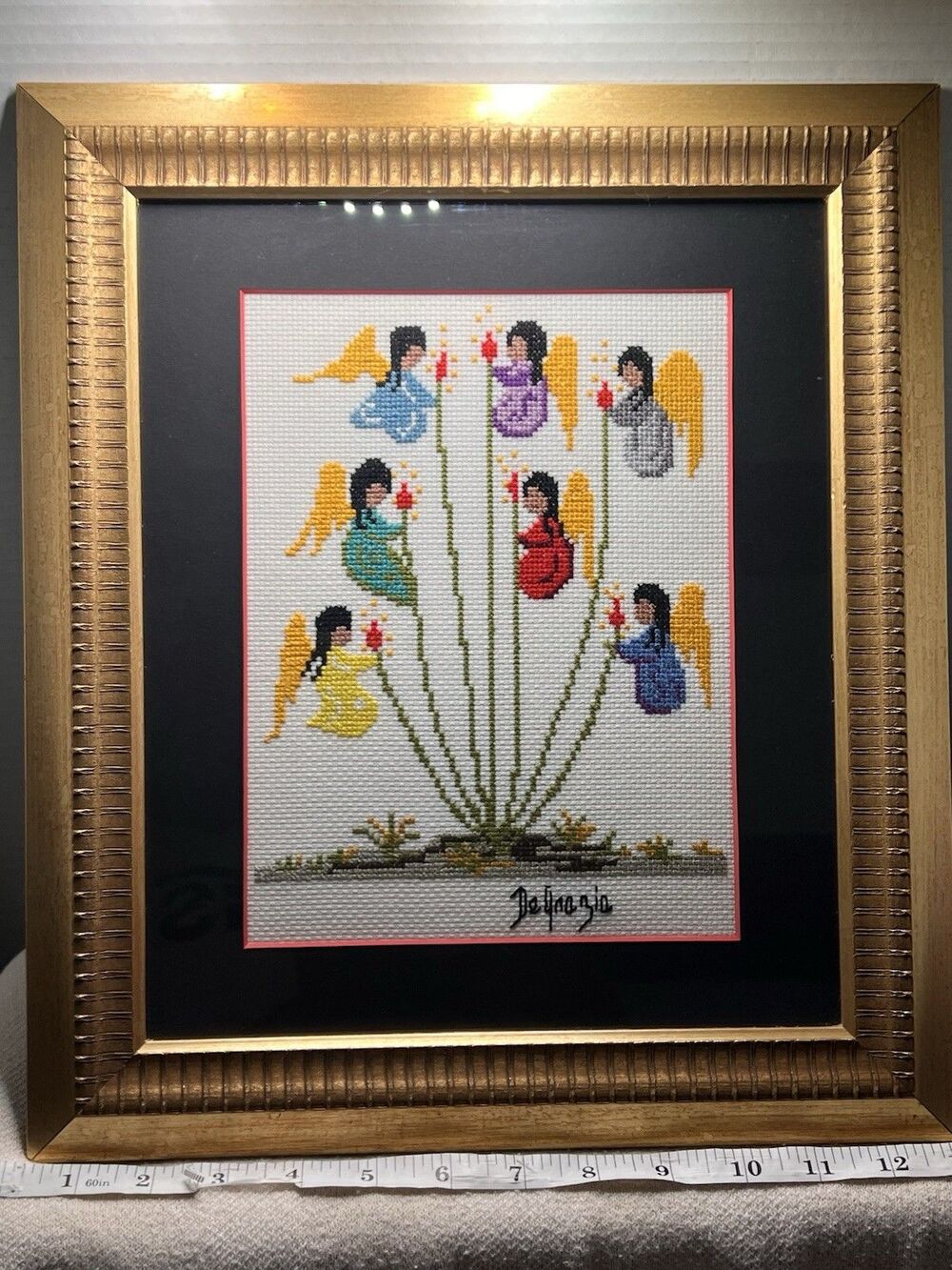 Vintage DeGrazia Angel Framed Crosstitch Artwork Needlepoint Decor